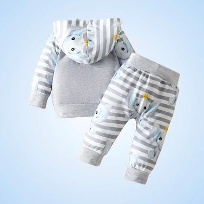 Royal Baby Elephant boys' hooded sweatshirt and striped pants set for infants aged 3-24M in cute and cozy design.