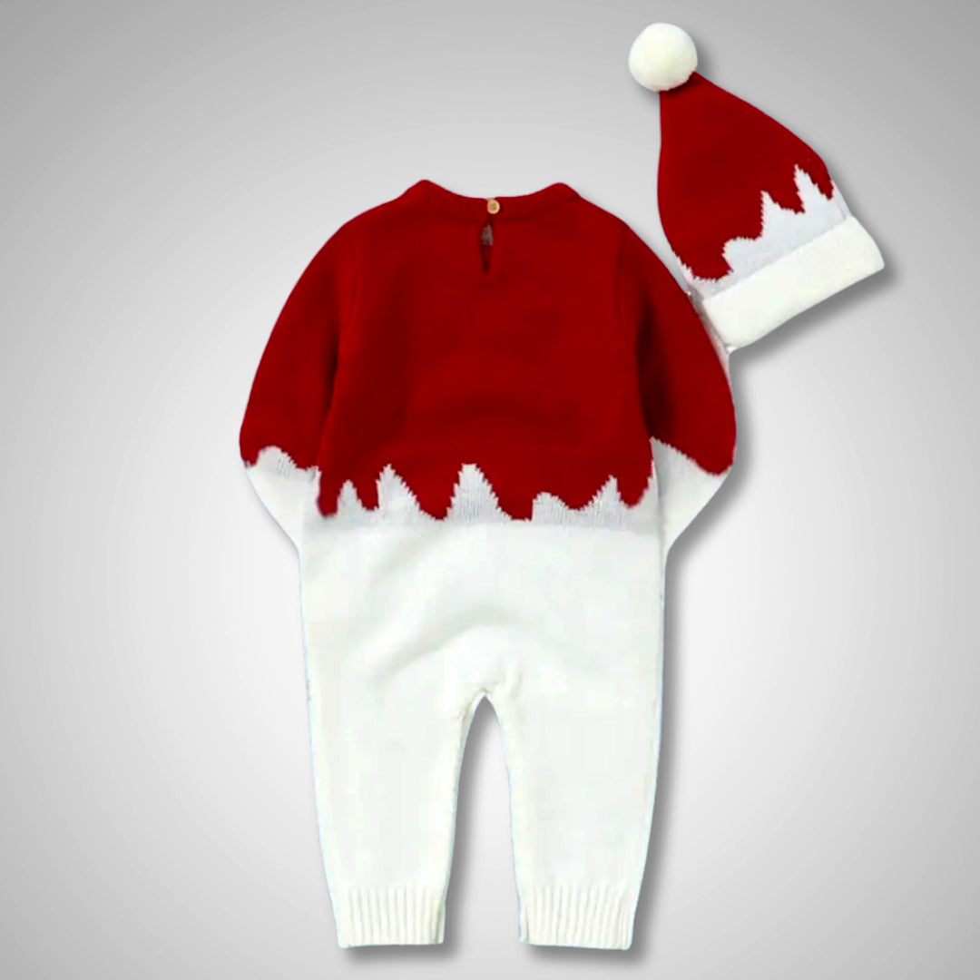 Cozy red and white knit Rudolph Romper with hat for babies 0-18 months, perfect for holiday photos and winter warmth.