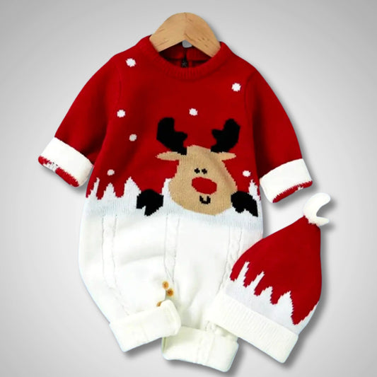 Rudolph Romper for babies in red and white with reindeer design, perfect for cozy holiday gatherings, sizes 0-18 months