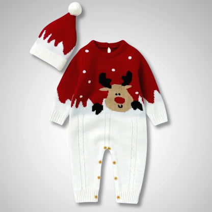 Adorable Rudolph Romper and Hat for Babies, Perfect Holiday Outfit for 0-18 Months, Red and White Knit with Reindeer Design