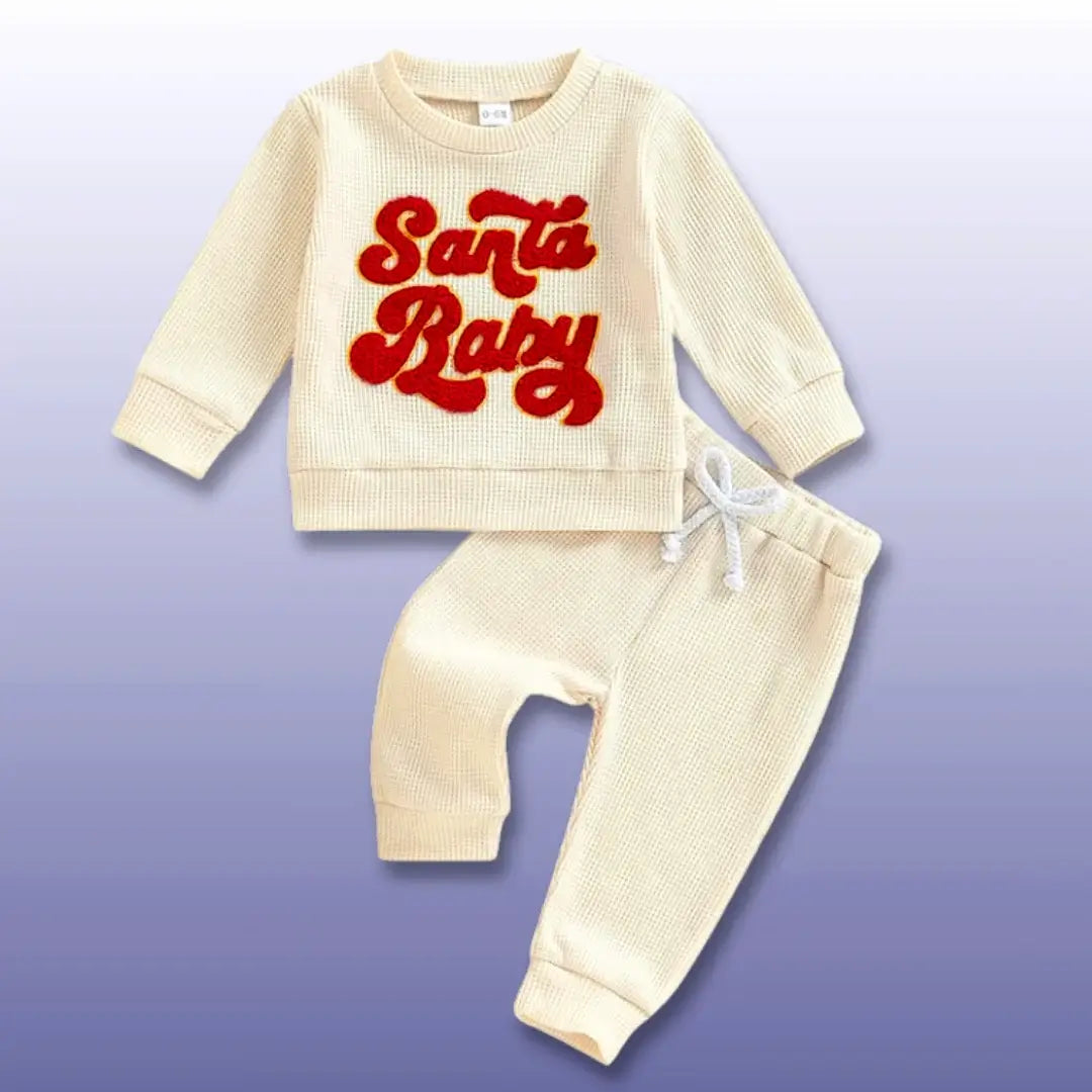 Santa Baby Christmas Waffle Set with cozy long-sleeve sweatshirt and soft pants for toddlers, perfect festive outfit for ages 6M-3T.