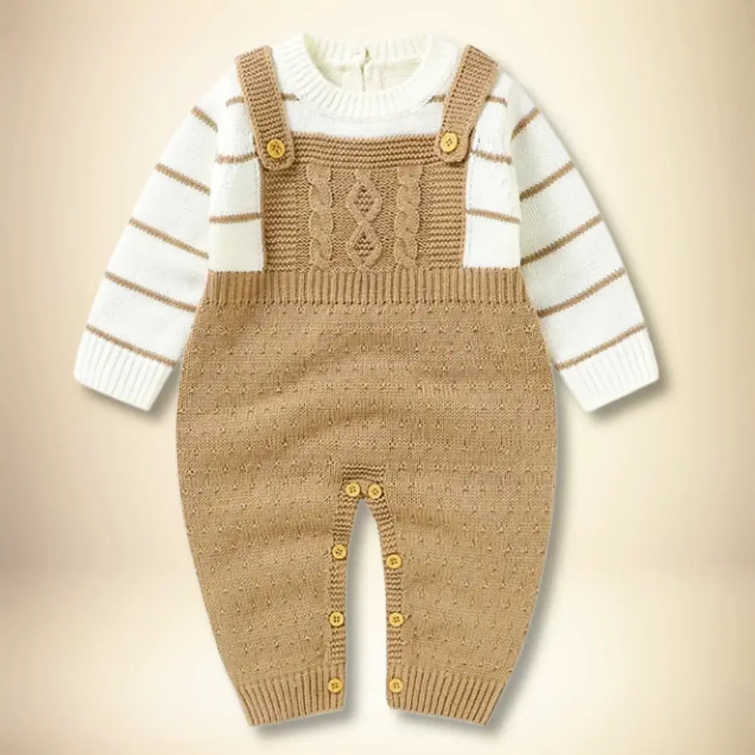 Saratoga Stripes Knit Suspender Set in beige with striped sweater and cable-knit romper, perfect for baby's elegant outings.