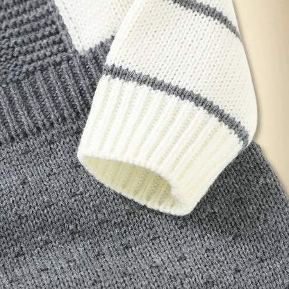 Close-up of Saratoga Stripes Knit Suspender Set with elegant stripe detail and soft knit texture for baby's wardrobe.