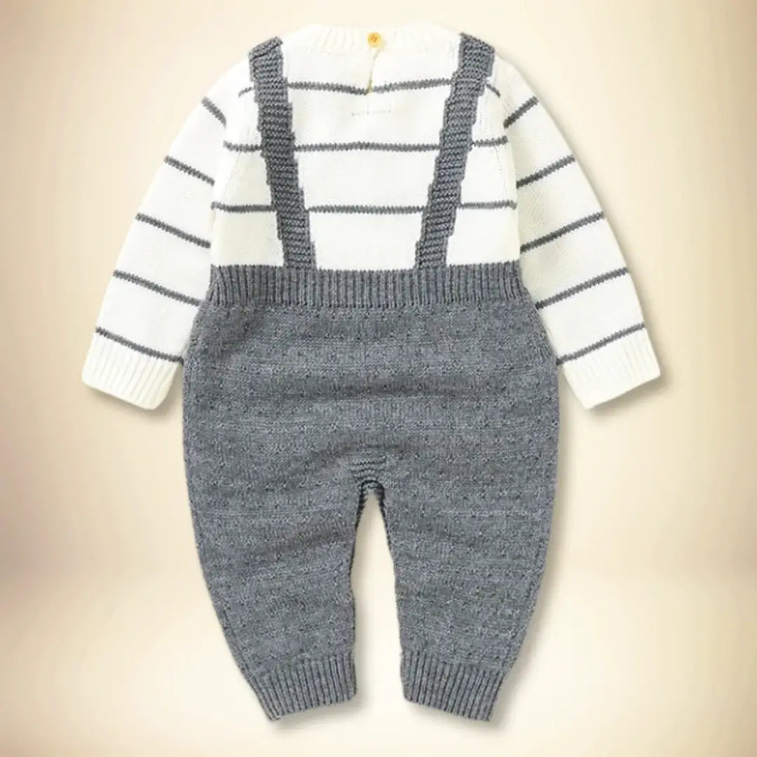 Saratoga Stripes Knit Suspender Set for babies, featuring a striped sweater and cable-knit romper with button details, 3-18 months.