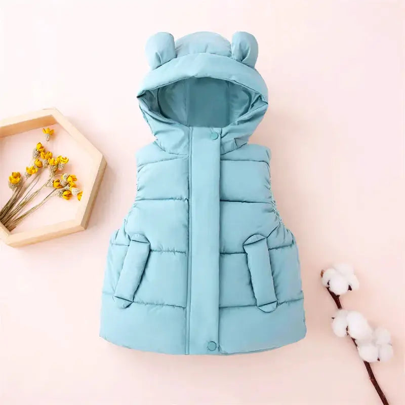 Cozy Sausalito Snuggle Up Vest with bear ears, perfect for boys and girls aged 2T-6T, in a light blue hue for chilly weather.