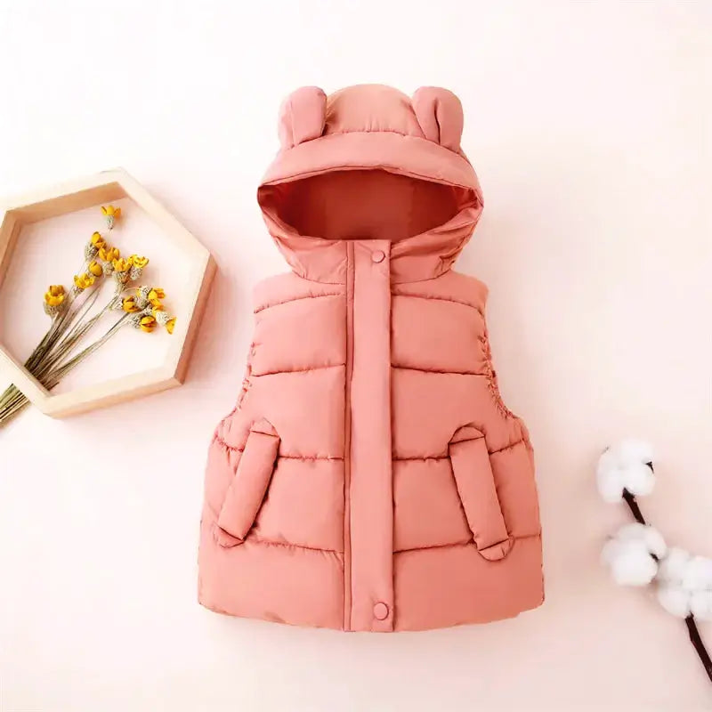 Pink Sausalito Snuggle Up Vest with cute bear ears for kids, perfect for winter warmth and style.