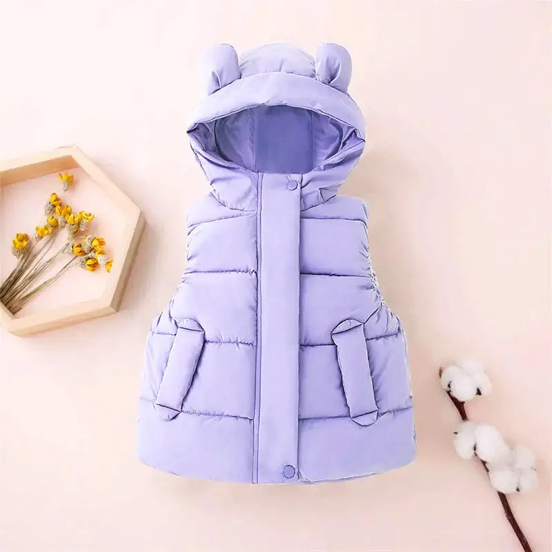 Sausalito Snuggle Up Vest in lavender with bear ears, perfect cozy hooded down vest for kids aged 2T-6T, autumn and winter wear.