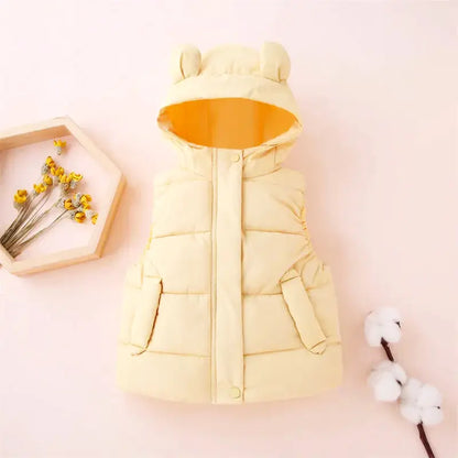 Yellow Sausalito Snuggle Up Vest for kids, featuring adorable bear ears on the hood with cotton and flowers on the side.