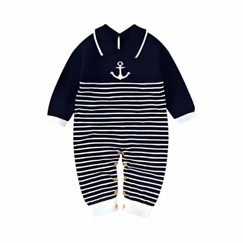 Boy baby romper with anchor design, navy stripes, 100% cotton knit, long sleeve autumn playsuit, stylish turn-down collar.