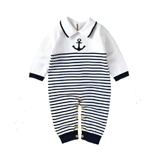 Savannah Seaside Knit Cotton Romper (0-18M) – Nautical stripes, anchor design, turn-down collar, perfect for your stylish autumn sailor.