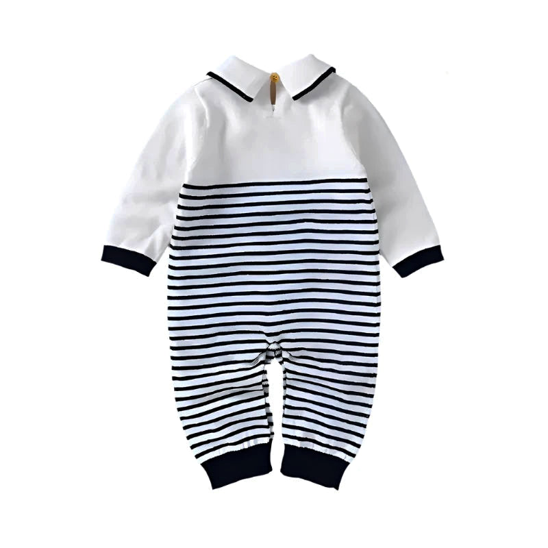 Nautical baby romper with stripes, cotton knit, long sleeve, turn-down collar, perfect autumn outfit for stylish newborns and toddlers.