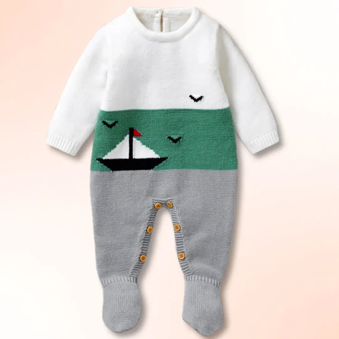 Seaside Adventure Knit Romper with Sailboat and Seagulls Design for Babies 0-9M, Soft and Cozy Fabric, Ideal for Fall and Winter Outings