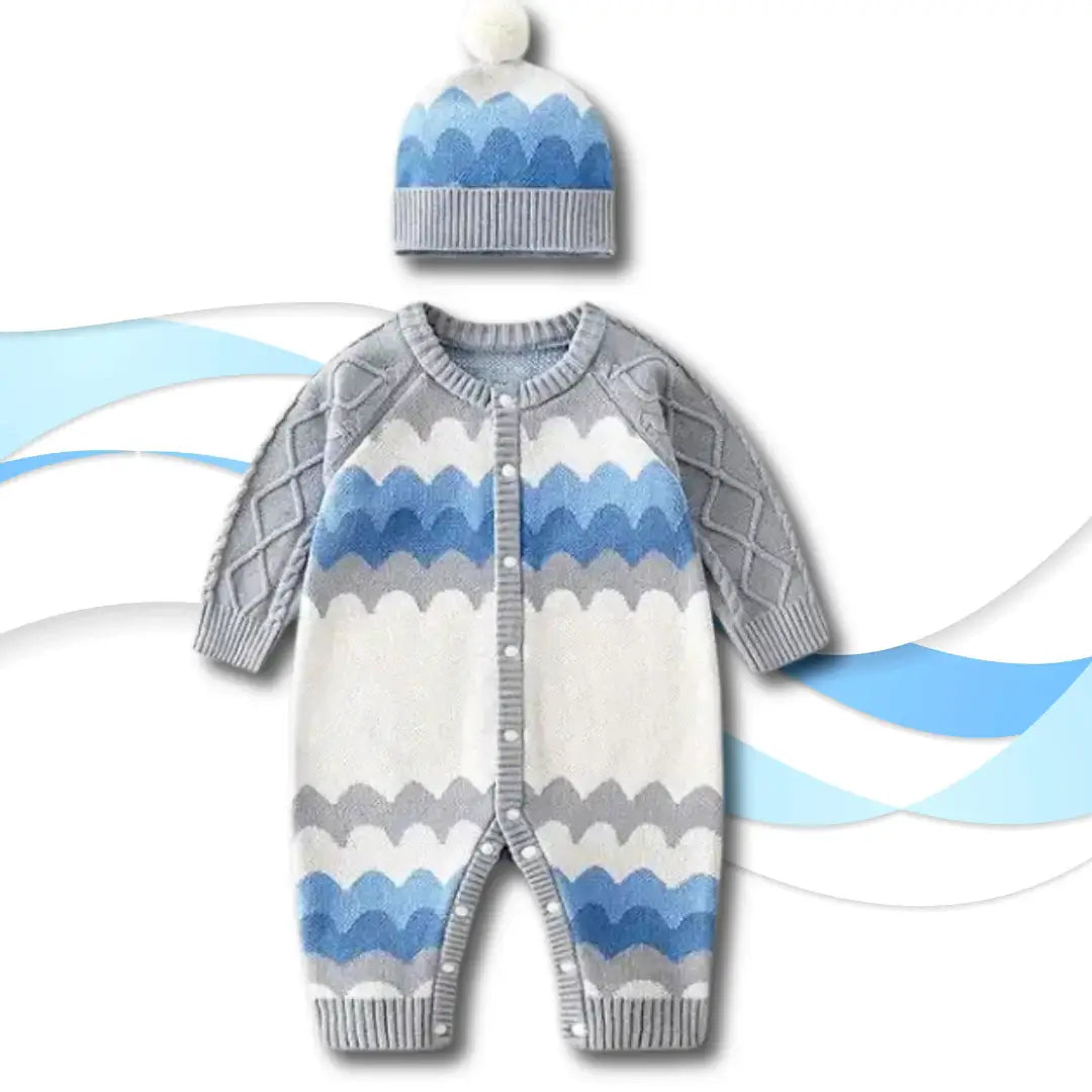 Sky Waves Knit Romper & Pom-Pom Hat Set in blue, white, and grey, featuring soft wave patterns, ideal for cozy, stylish baby outfits.