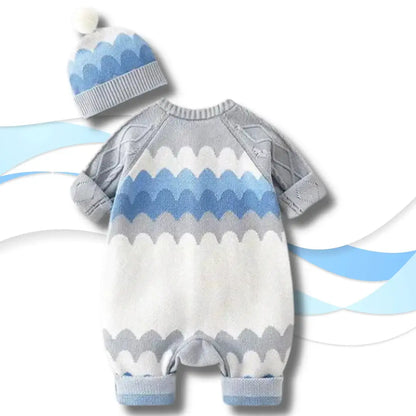 Cozy Sky Waves Knit Romper & Pom-Pom Hat Set for Babies (3-24M) in soft blue, white, and grey, perfect for stylish warmth.