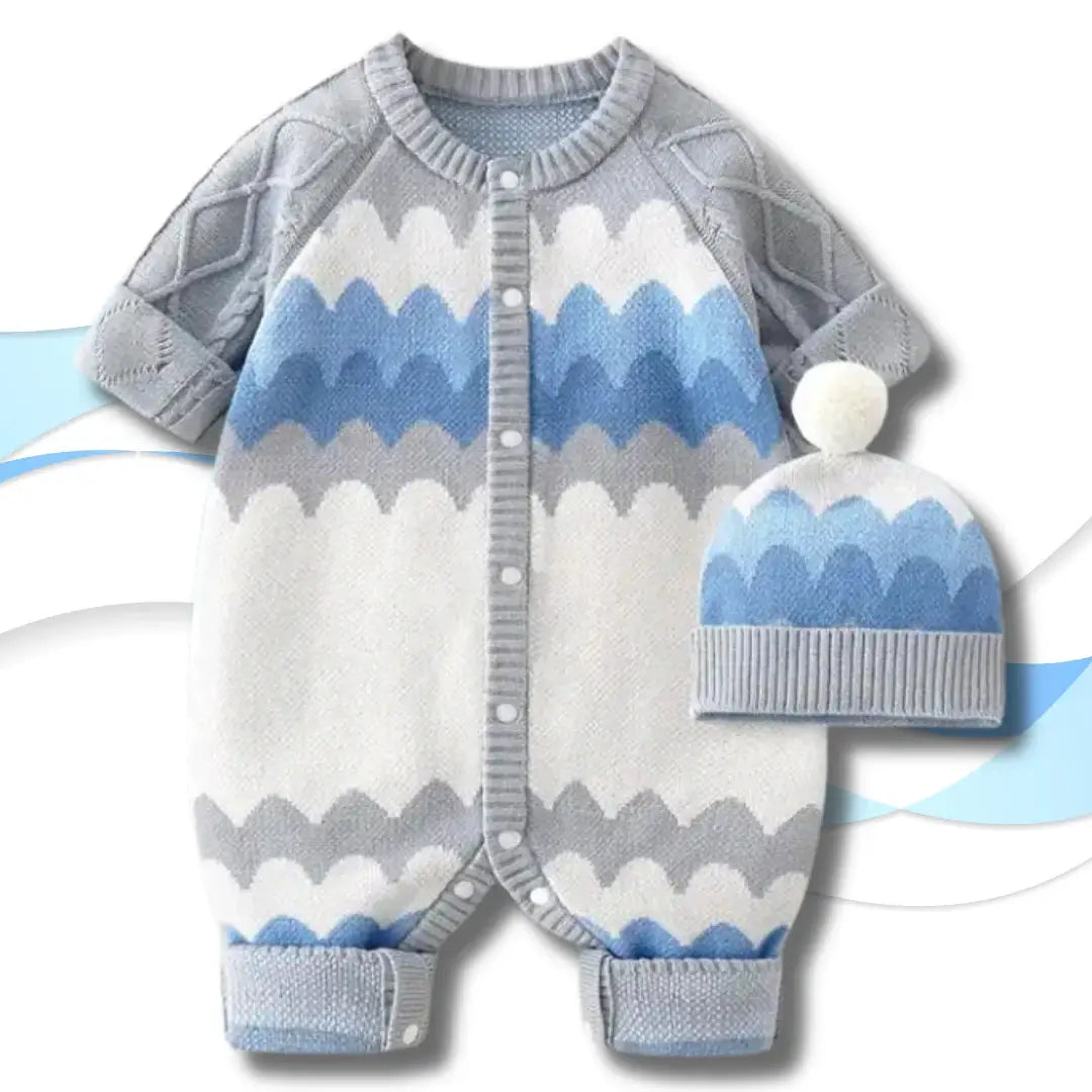 Cozy Sky Waves Knit Romper & Pom-Pom Hat Set with blue, white, and grey pattern, front snap-button closure for babies 3-24M.