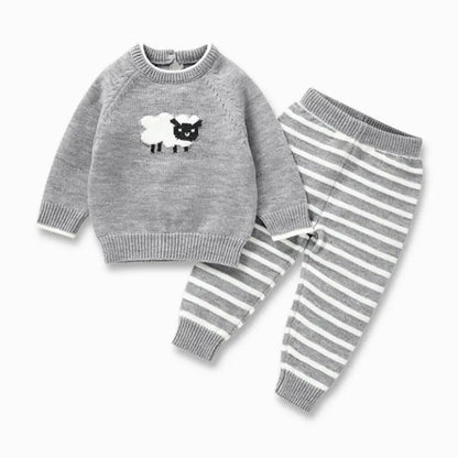 Snuggly Little Lamb gray knit sweater with sheep design and striped pants set for toddlers, cozy and stylish outfit for cool weather