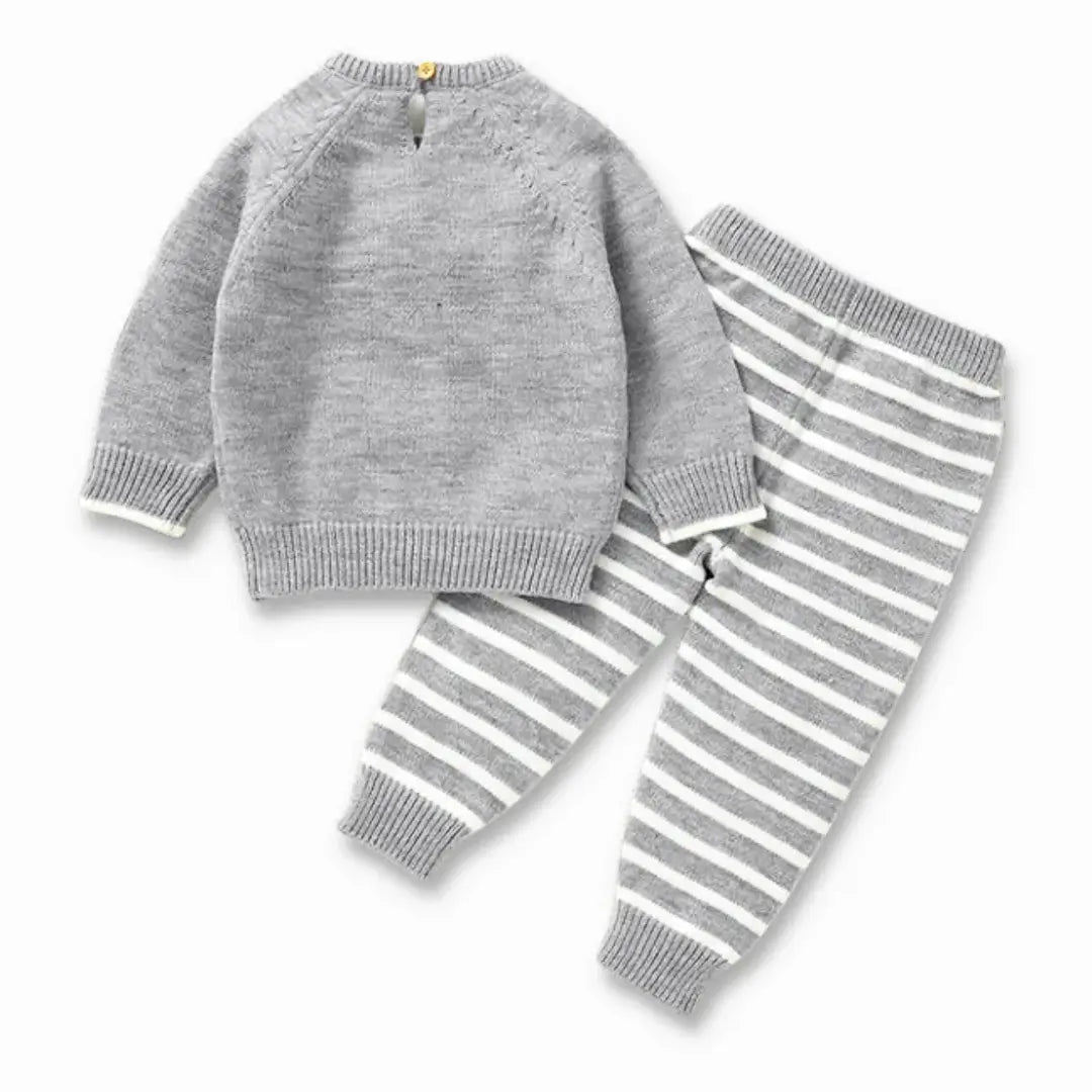 Snuggly Little Lamb gray knit sweater and striped pants set for toddlers, perfect for cozy, stylish playtime.