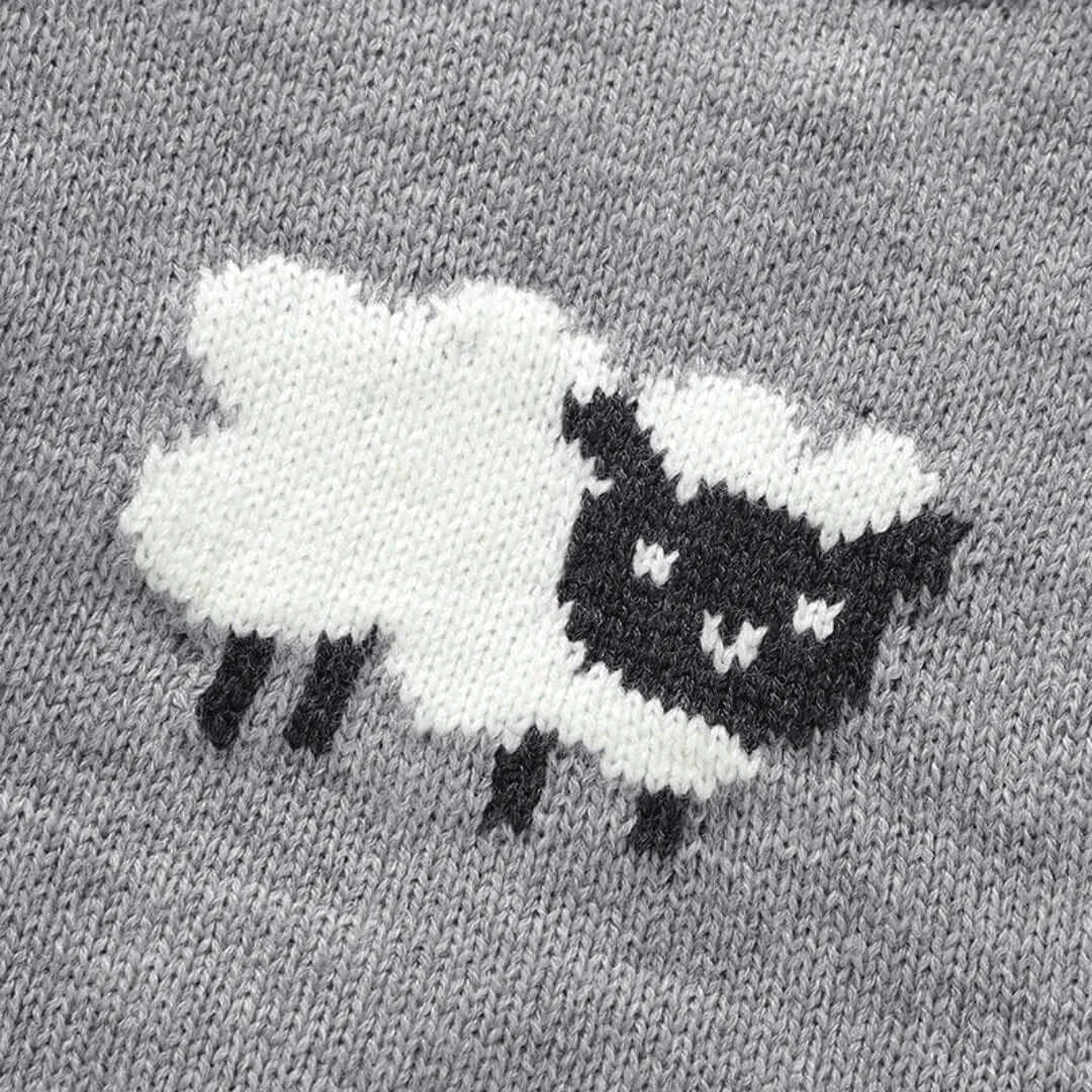 Gray knit sweater with an embroidered black and white sheep design for toddlers, part of the Snuggly Little Lamb collection.