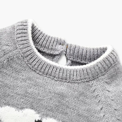 Close-up of Snuggly Little Lamb gray knit sweater with embroidered sheep design, featuring a cozy, ribbed neckline.