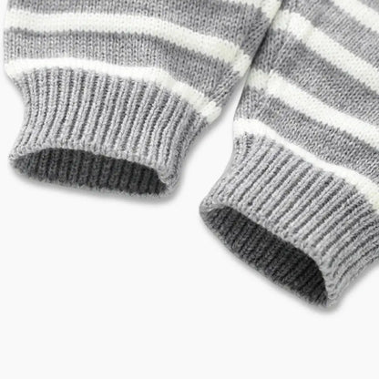 Gray-striped knit pants cuffs from Snuggly Little Lamb set, showcasing cozy, breathable fabric for toddlers.