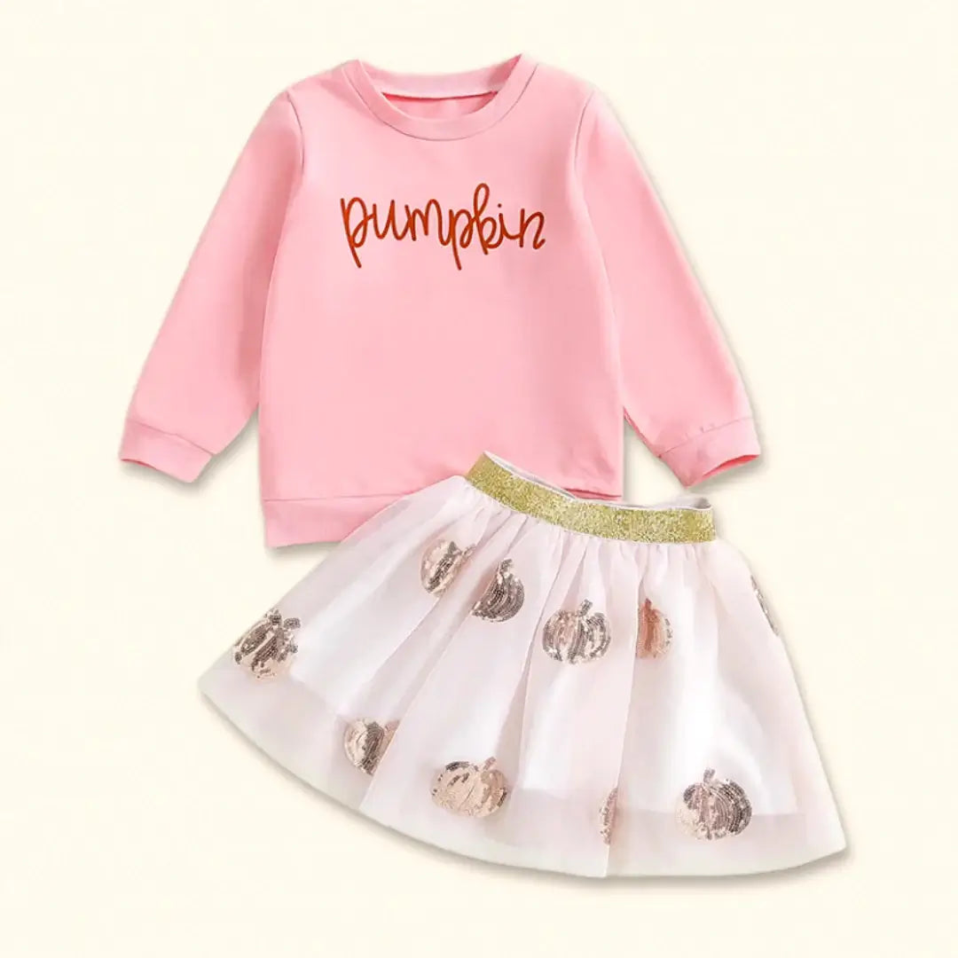 Sweet Pumpkin Toddler Girl 🎃 Sweatshirt & Sparkly Pumpkin Tulle Skirt! Perfect for Mini Fashionistas!