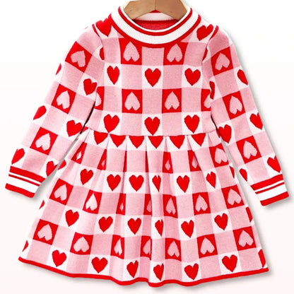 Sweetheart Baby Knitted Sweater Dress with red heart pattern, perfect for toddlers aged 2T-6Y, stylish and cozy for any occasion.