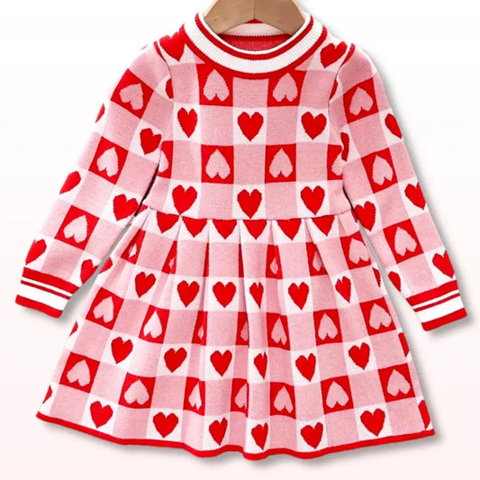 Adorable Sweetheart Baby knitted sweater dress with red heart pattern, perfect for keeping kids stylish and cozy from 2T to 6Y