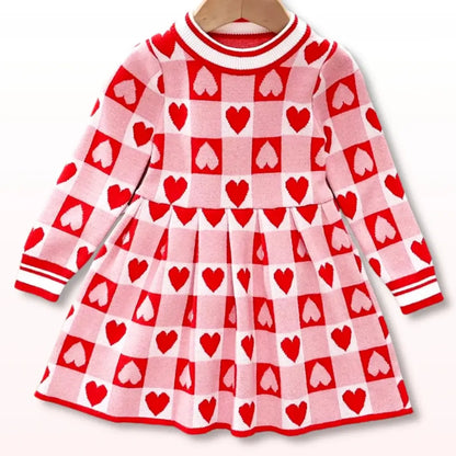 Sweetheart Baby Knitted Sweater Dress with heart pattern, perfect for toddlers ages 2T-6Y, stylish and cozy for any occasion.