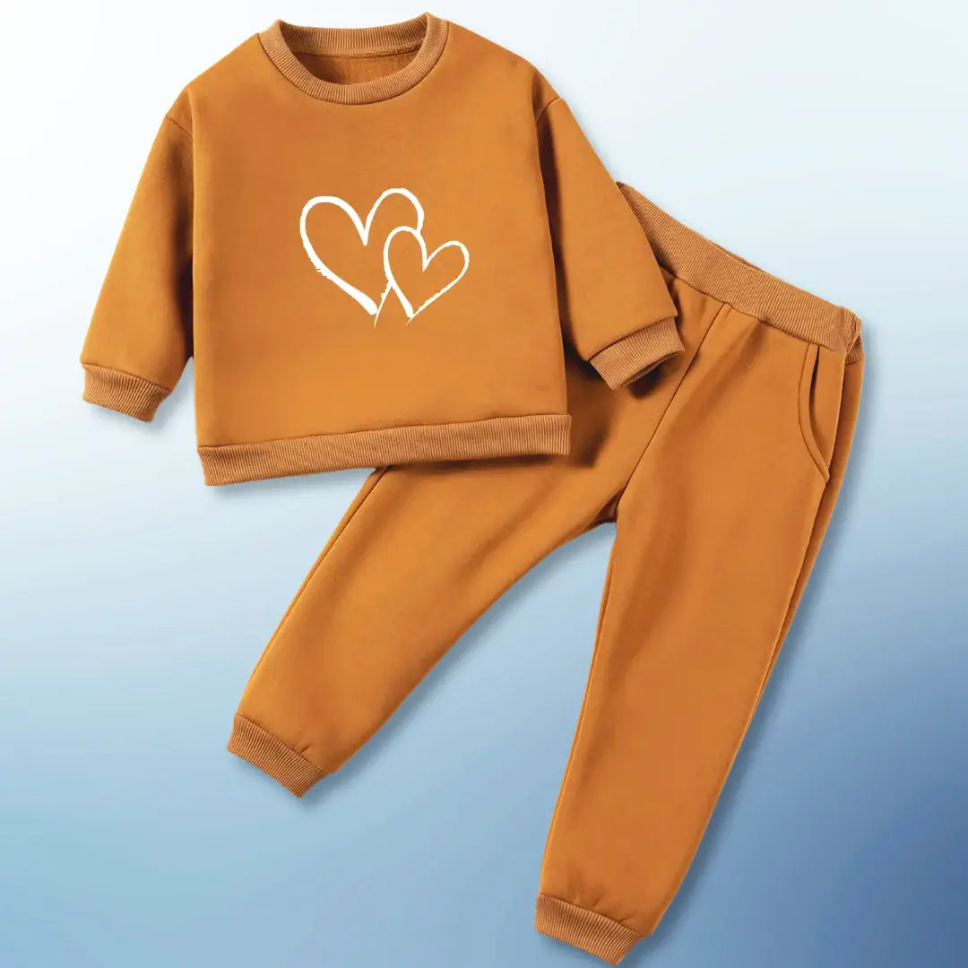 Sweetheart Comfort Set for kids, featuring a cozy sweatshirt with double heart design and matching joggers in warm brown color.