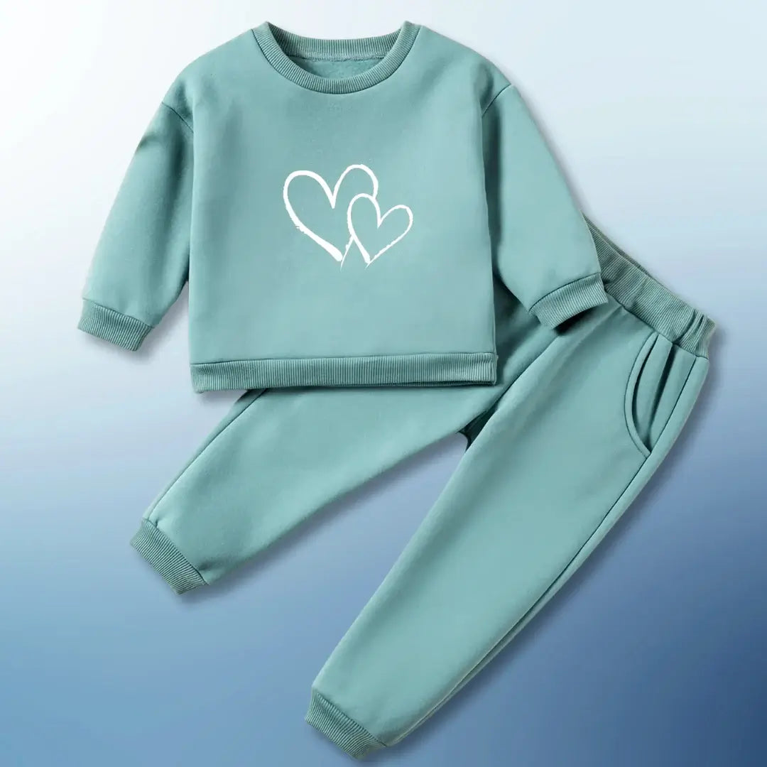 Sweetheart Comfort Set in teal, cozy sweatshirt with heart design and matching joggers for kids, perfect for playtime and lounging.