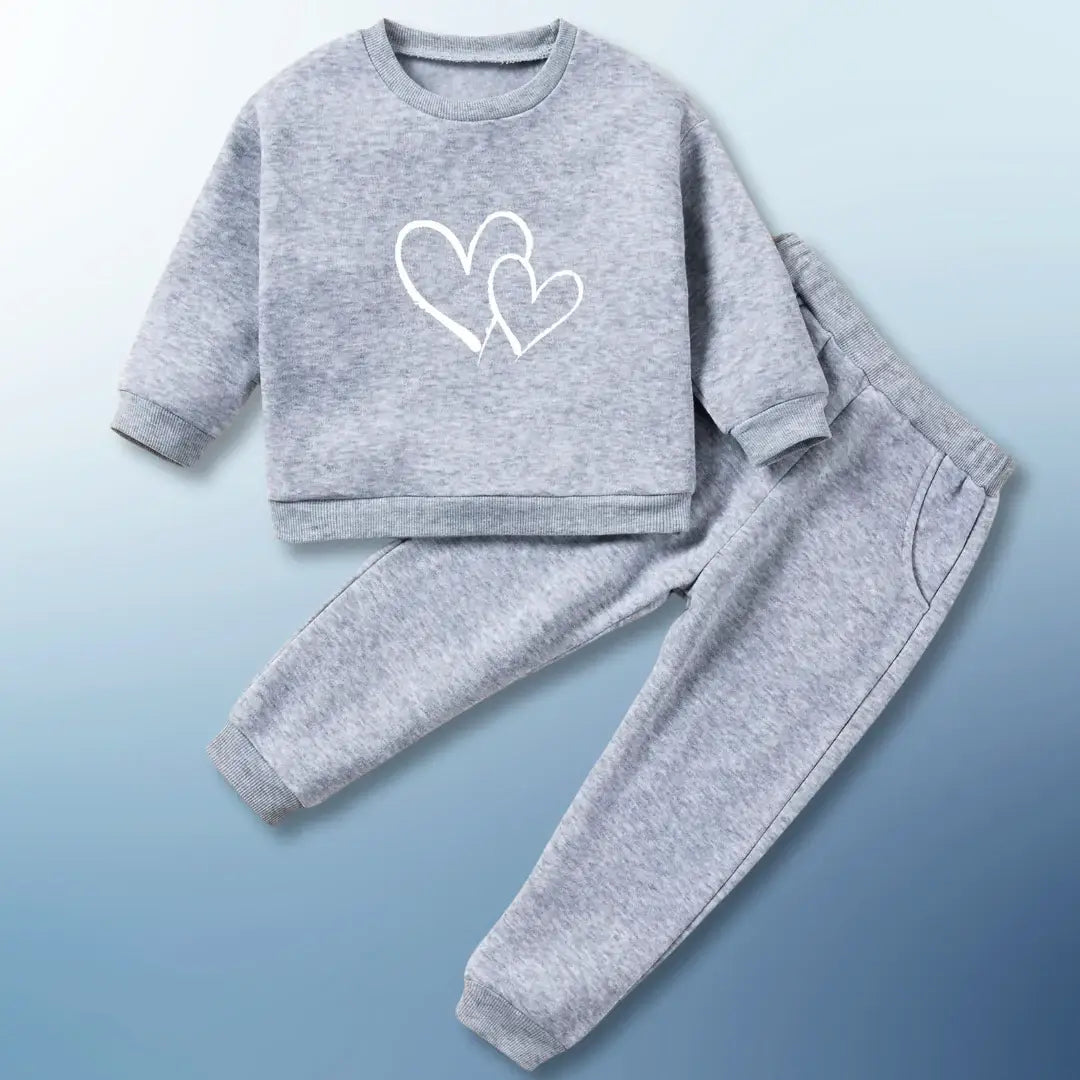 Adorable Sweetheart Comfort Set with heart design, cozy grey sweatshirt, and joggers for kids ages 12M-6Y. Perfect for play and relax.