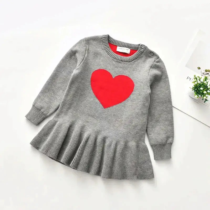 Sweetheart Knit Dress with Red Heart Design in Gray - Cozy Long-Sleeve Fall Fashion for Little Ones