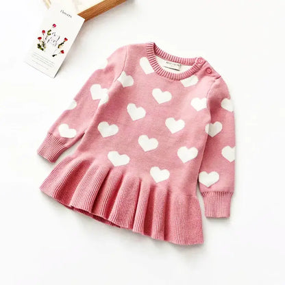 Pink Sweetheart Knit Dress with White Heart Pattern for Little Ones – Cozy Long-Sleeve Dress Perfect for Fall and Winter