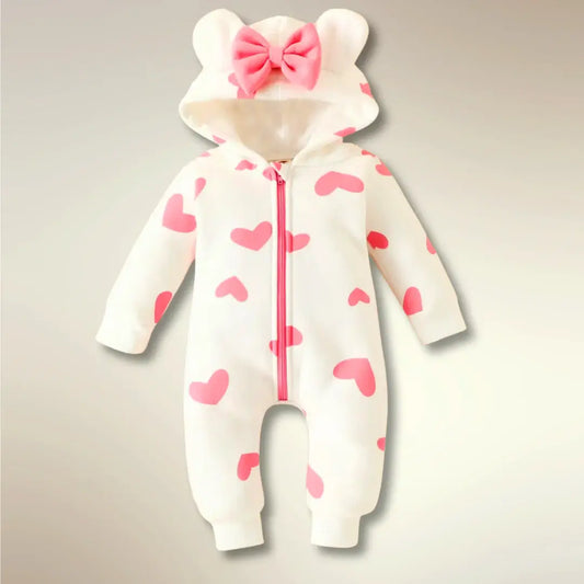 Sweetheart Snuggle Romper with heart prints, bow, and bear ears hood, perfect for keeping babies cozy and cute.