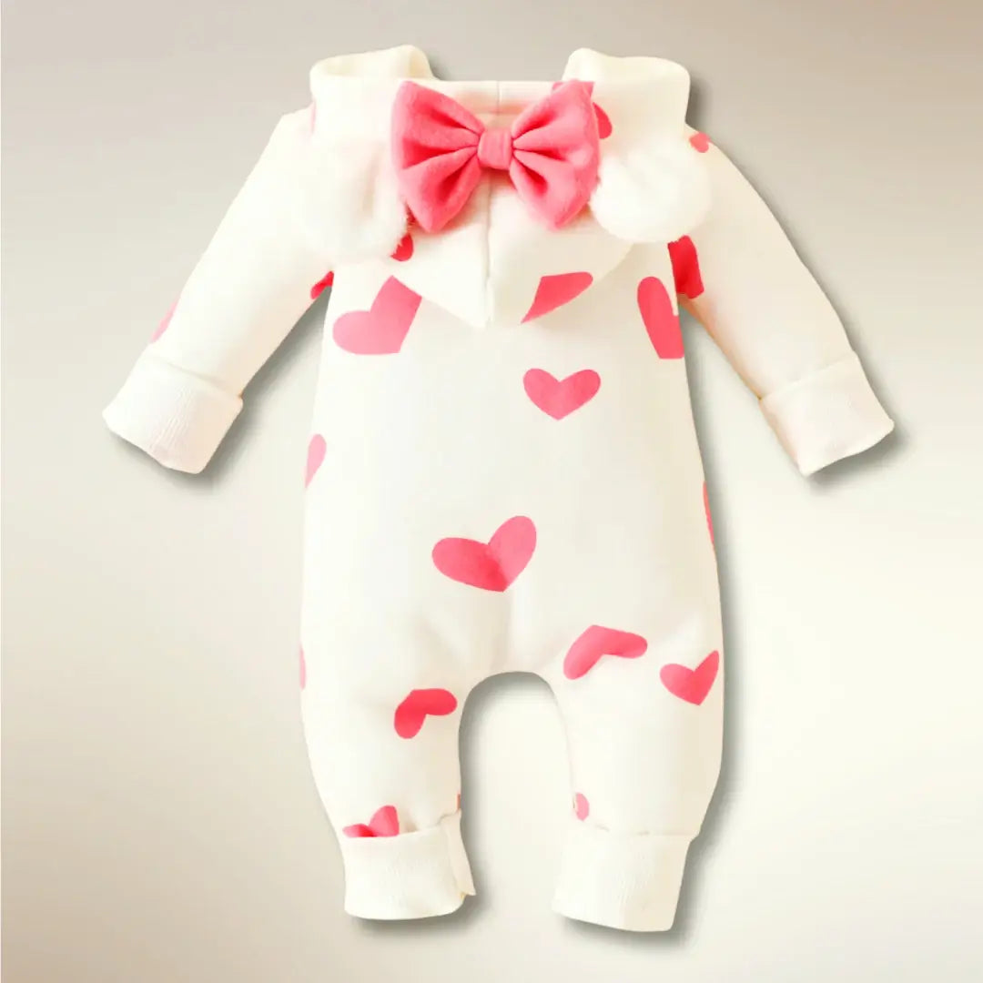 Cozy heart print hooded onesie with bear ears and pink bow, perfect for newborns to 18M.