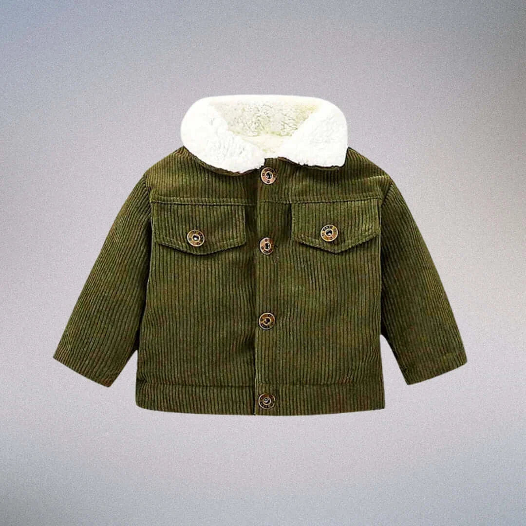 cozy style Tiny Trailblazer corduroy jacket with plush collar for babies, perfect for chilly days. Cozy and stylish fall fashion for little adventurers.