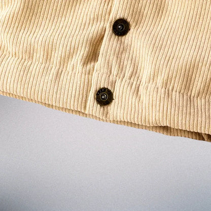 cozy style Close-up of Tiny Trailblazer Plush-Collar Corduroy Jacket buttons and fabric detail. Perfect for cozy fall and winter layering.