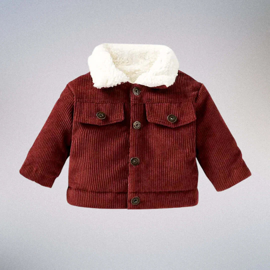 cozy style Tiny Trailblazer corduroy jacket with plush collar and buttons, perfect for kids 3M-3T. Cozy style for fall and winter adventures.