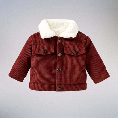 cozy style Tiny Trailblazer corduroy jacket with plush collar and buttons, perfect for kids 3M-3T. Cozy style for fall and winter adventures.