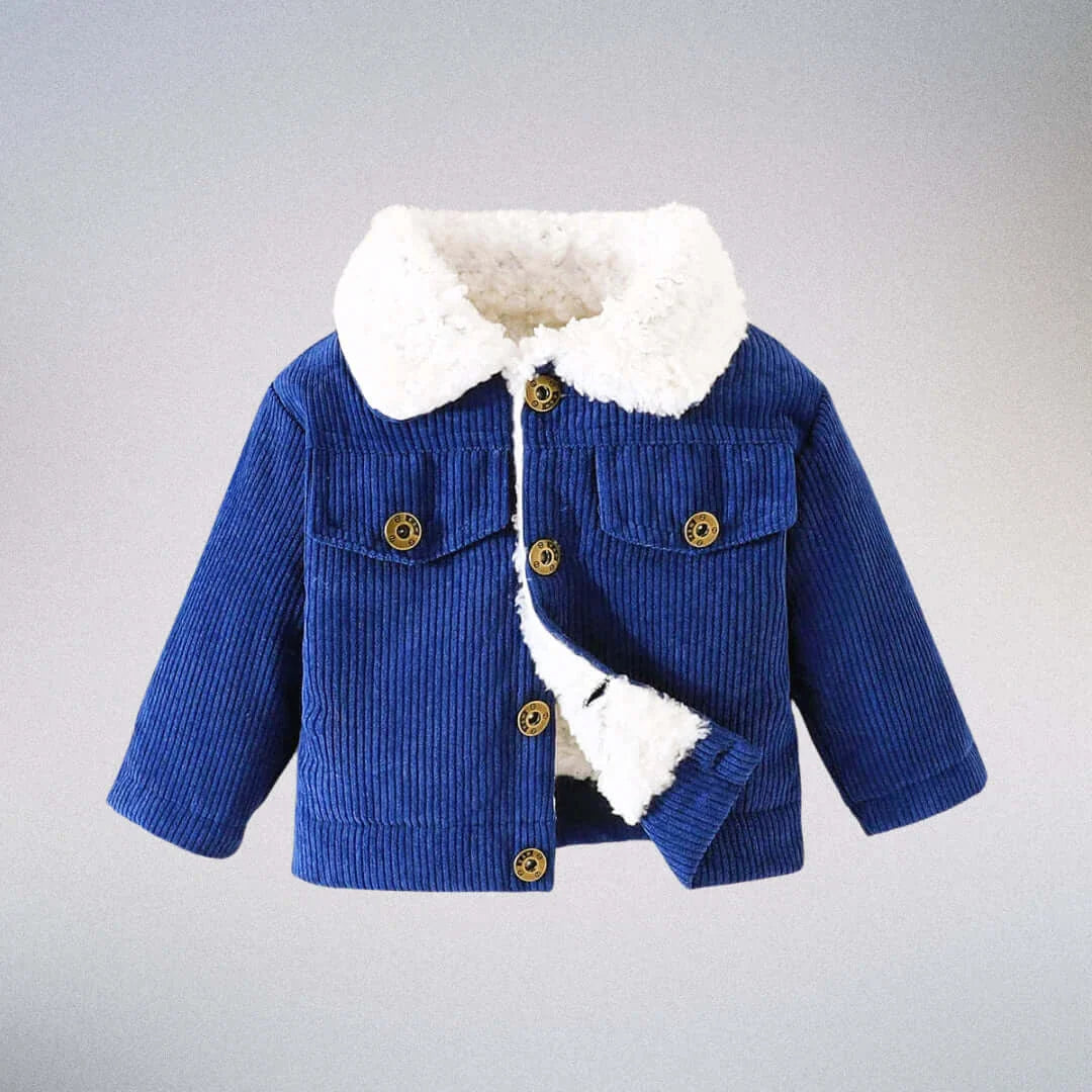 cozy style Cozy blue corduroy jacket for toddlers with plush collar and buttons, perfect for fall and winter outings.