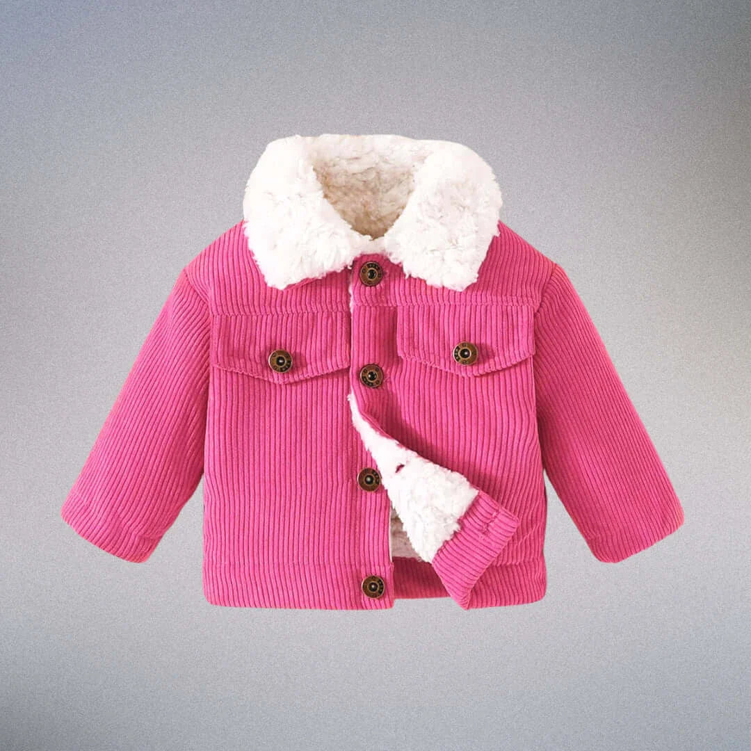 cozy style Cozy pink corduroy jacket with plush collar for toddlers, featuring button-down front. Perfect for chilly fall and winter adventures.