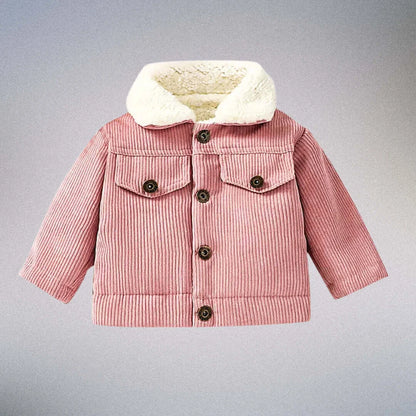 cozy style Tiny Trailblazer plush-collar corduroy jacket for toddlers, featuring a cozy design and classic button-down front, in pink.