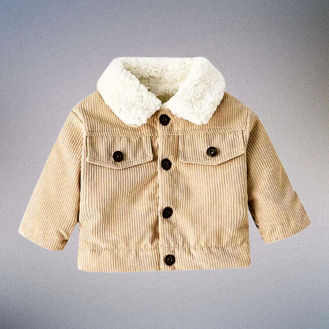 Tiny Trailblazer corduroy jacket with plush collar for toddlers, cozy style.