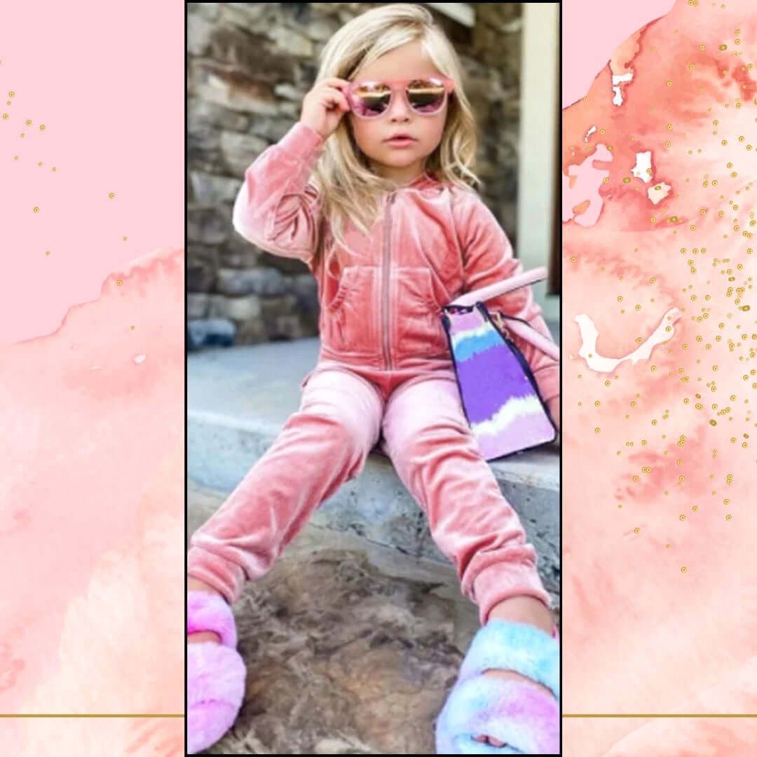 Little girl wearing a pink Velvet Vibes Hooded Tracksuit Set, sitting on steps with sunglasses and colorful bag, exuding cozy and sporty style.