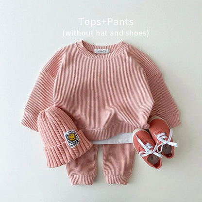 Trendy Mock Undershirt Cotton-Waffle Sweatshirt + Pants (6M-3T)