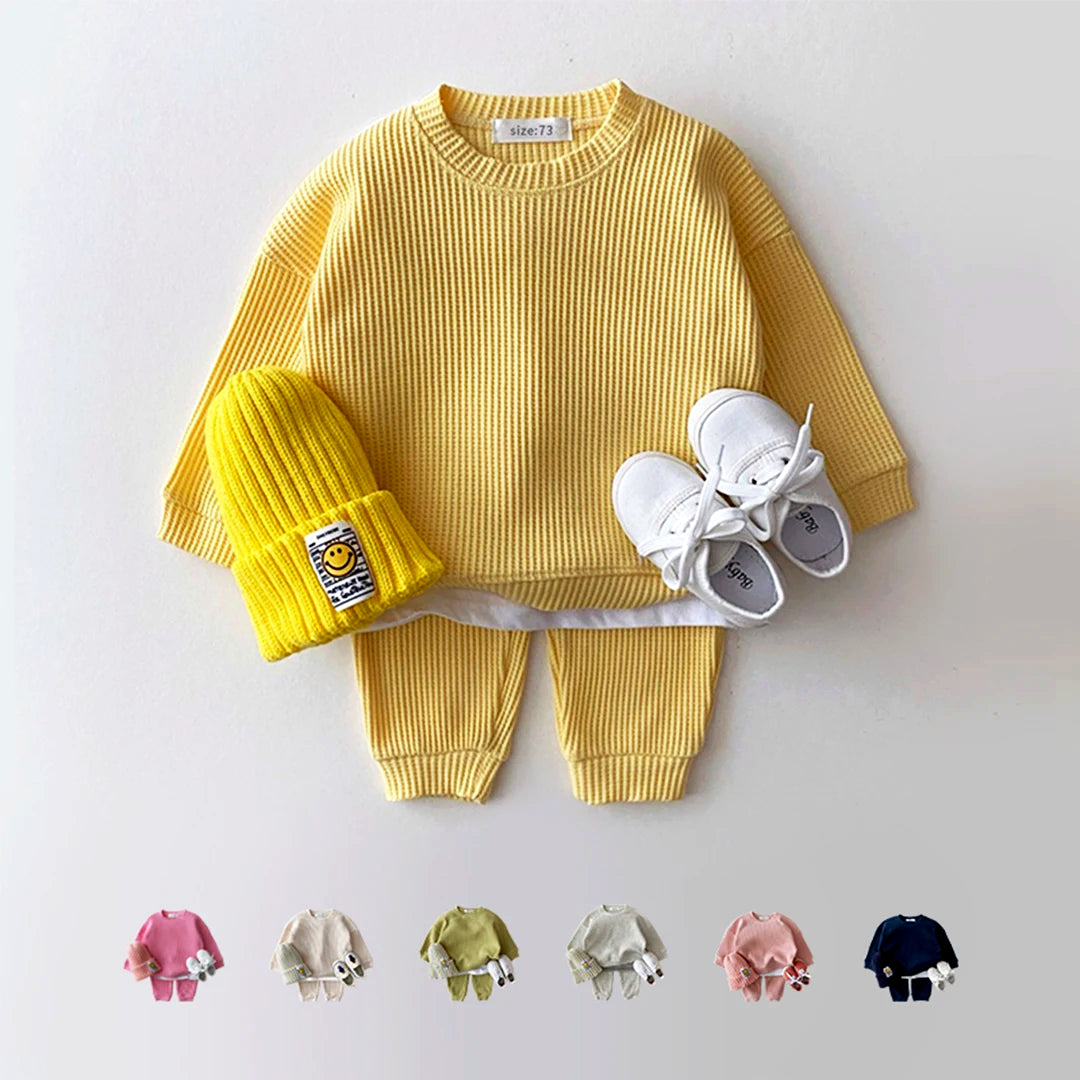 Trendy Mock Undershirt Cotton-Waffle Sweatshirt + Pants (6M-3T)