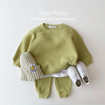 Trendy Mock Undershirt Cotton-Waffle Sweatshirt + Pants (6M-3T)