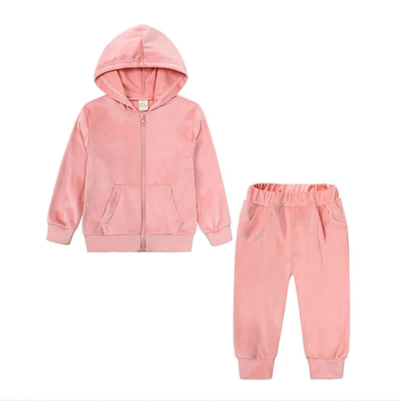 Pink Velvet Vibes Hooded Tracksuit Set for toddlers and kids aged 2-7, featuring a soft hooded jacket and matching pants, blending sportiness and coziness.