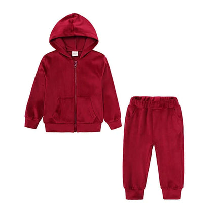 Red Velvet Vibes Hooded Tracksuit Set for toddlers and kids aged 2-7, featuring a cozy hooded jacket and matching pants for all-day comfort.