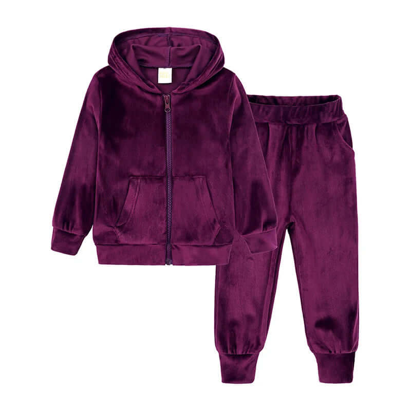 Cozy & sporty velvet vibes hooded tracksuit set for kids aged 2-7 in vibrant purple - perfect for active toddlers and stylish lounging.